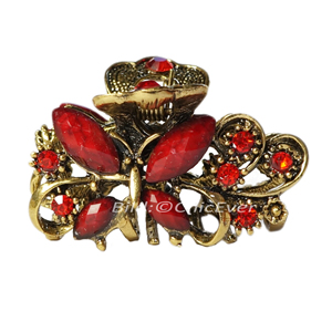 Haargreifer Schmetterlinge Haarklammer Metall Strass 3x2cm rot gold 5691c